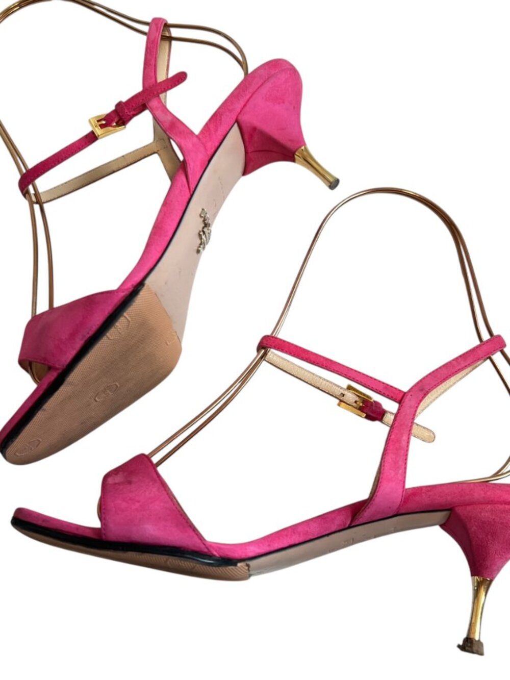 Prada high heel sandals pink suede 37.5 square toe ankle strap - Picture 6 of 15
